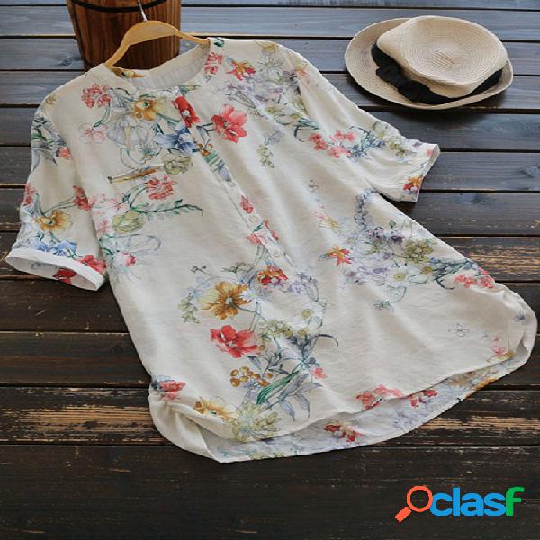 Impresso O-pescoço Blusa Vintage Manga Curta para Mulheres