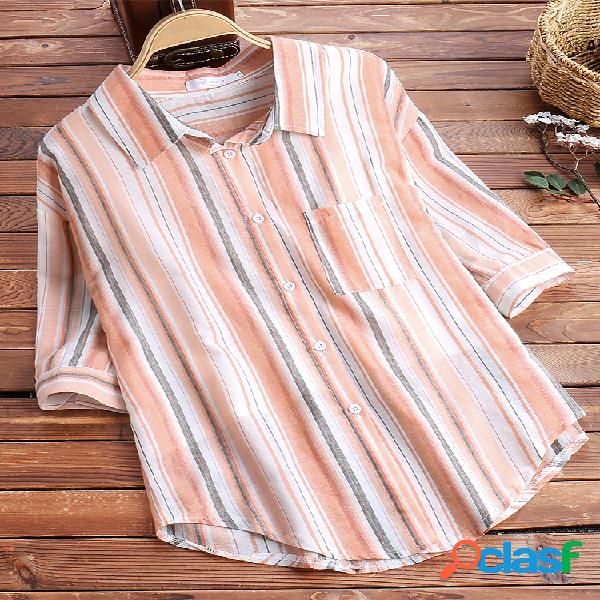 Impressão de riscas multicoloridas 3/4 de blusas casuais de