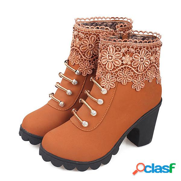 Lace Tassel Metal Side Zipper Ankle Chunky Heel Ankle Boots
