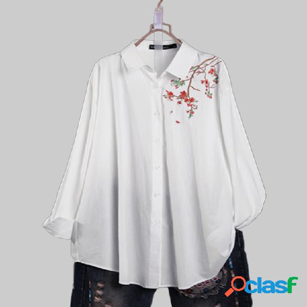 Lapela bordado Vinatge Plus tamanho Camisa para mulheres