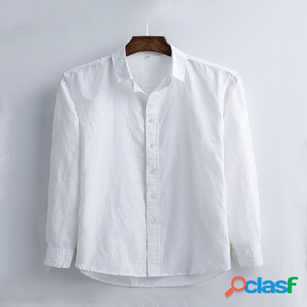Linho Pure Color manga comprida Soft Camisas de moda casual