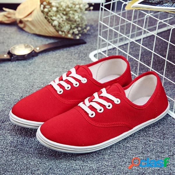 Lona Lace Up Doce Cor Casual Sapatos Baixos