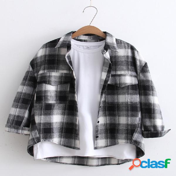 Loose Plaid Long Sleeve Turn-down Camisa Collar