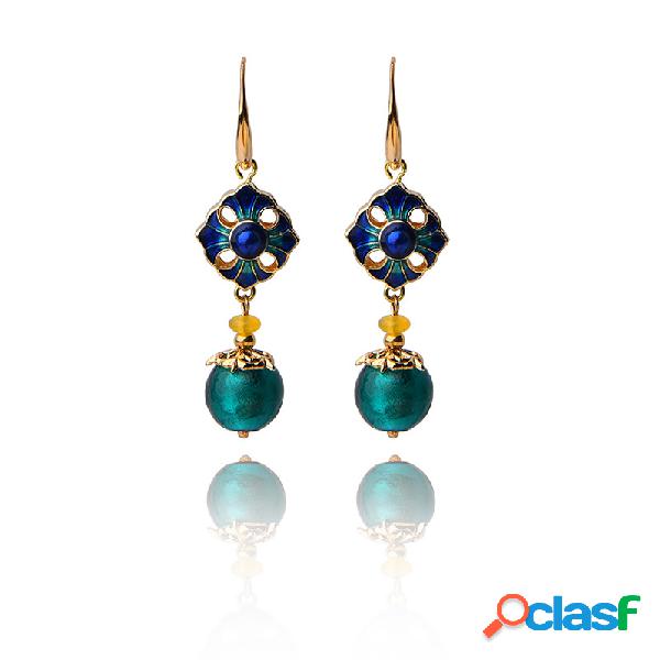 Luxo Retro Dangle Brincos Cloisonne Flor Ágata Artesanal