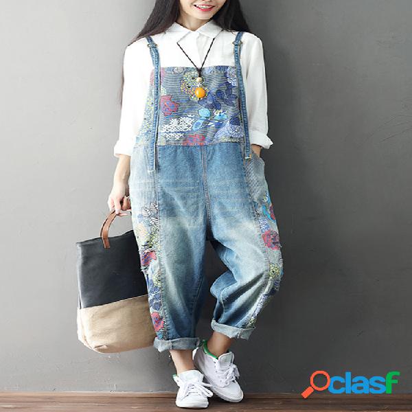 Macacão Casual Solto Com Impresssão e Bolsos de Jeans Para