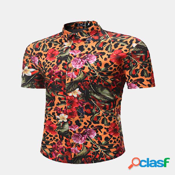 Manga curta Flor Impressão Verão Havaiano Camisa para