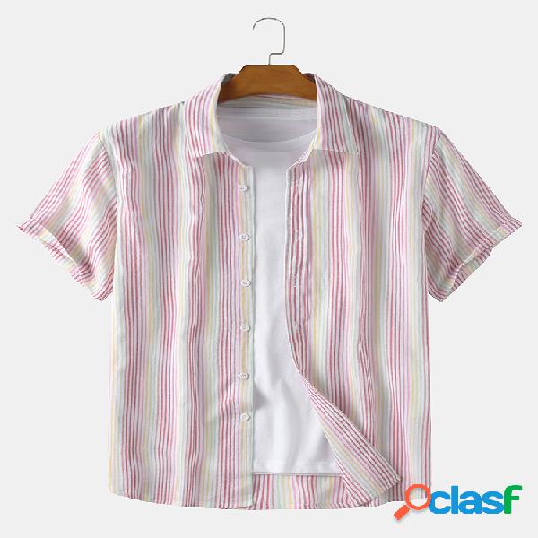 Men 100% Cotton Color Stripe Printed Holiday Casual Camisa