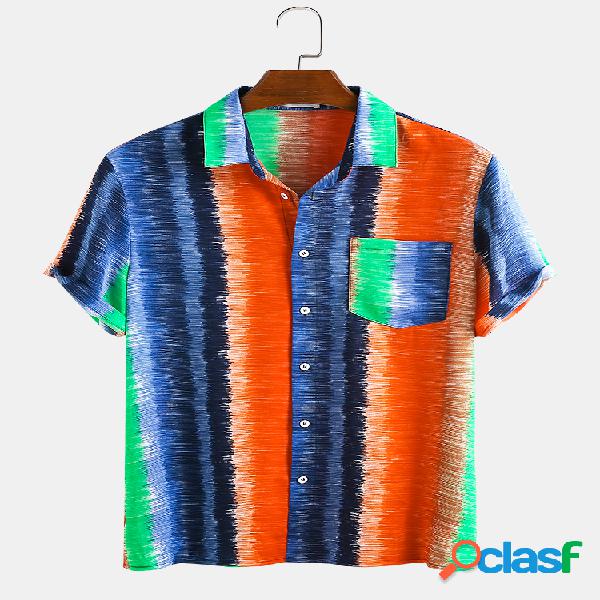 Men Colorful Stripe Hand Drawn Doodle Holiday Casual Shirt