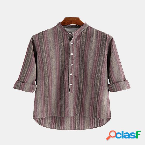 Mens 100% Algodão Estilo Étnico Listrado Solto Stand Color