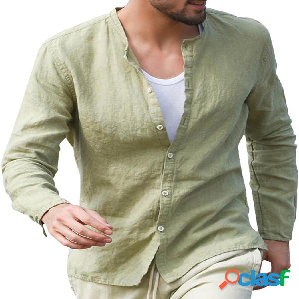 Mens 100% algodão moda breve cor sólida manga longa solta