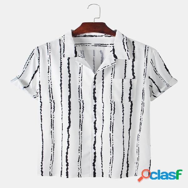 Mens Abstract Striped Printed Chest Pocket Casual Camisa