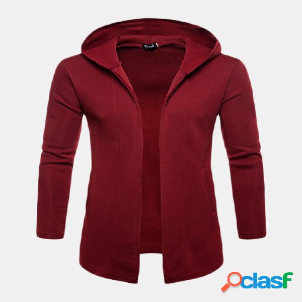 Mens Breve Casual Mid Long Com Capuz Cor Pura Manga Longa
