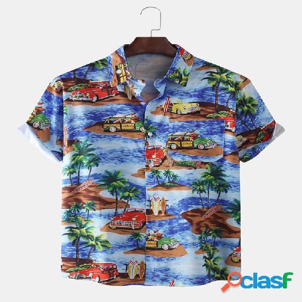 Mens Cartoon Impresso Hawaiian Leisure Holiday Lapel Manga