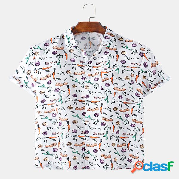 Mens Cartoon Legumes bolso impresso peito manga curta Camisa