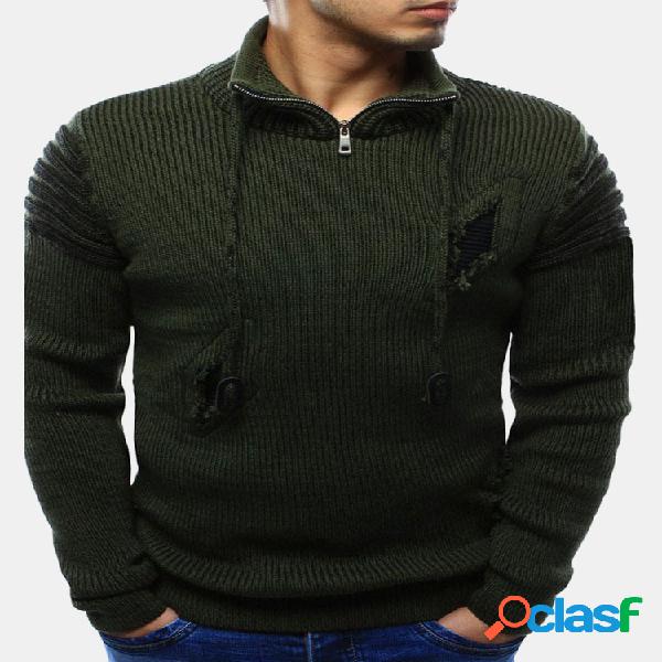 Mens Casual Buracos Wool Knit Zipper Drawstring Pullover