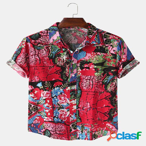Mens Colorblock havaiano Óleo impresso férias camisas de