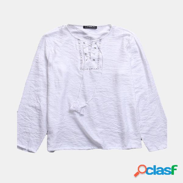 Mens Cotton manga comprida cor sólida Lace Up Casual Loose