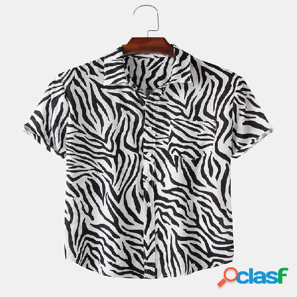 Mens Funny Zebra Impresso manga curta Turn Down Collar