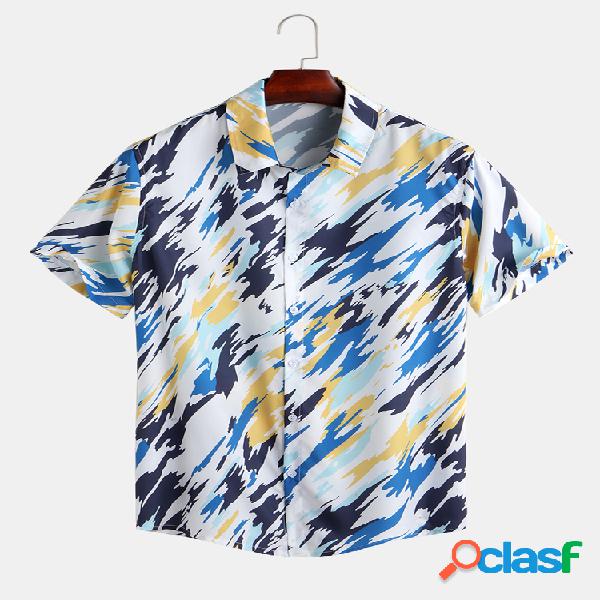 Mens Hit Color Abstract Impresso Turn Down Collar Manga