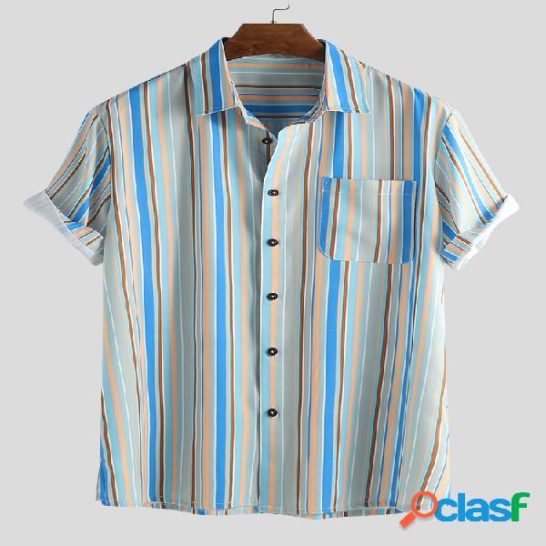 Mens Holiday Colorful Stripe Printed Loose Turn Down Collar