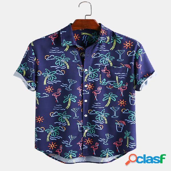 Mens Holiday Flamingo Palm Tree Impresso Beachwear manga