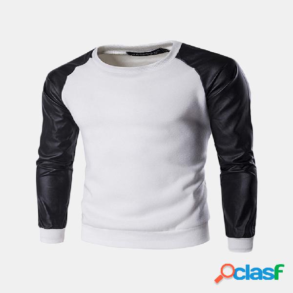 Mens Manga Comprida Camisola Moda Splicing Cor PU de Couro