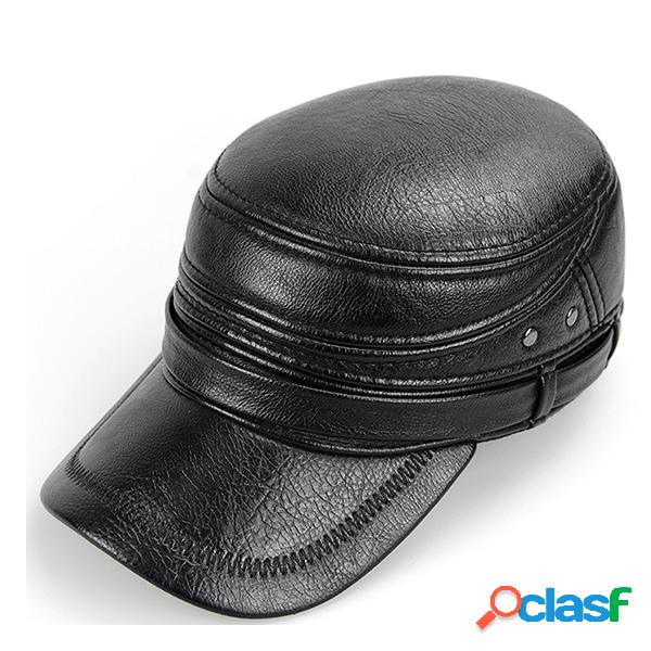 Mens PU Leather Quente Com Earflaps Flat Top Caps Casual
