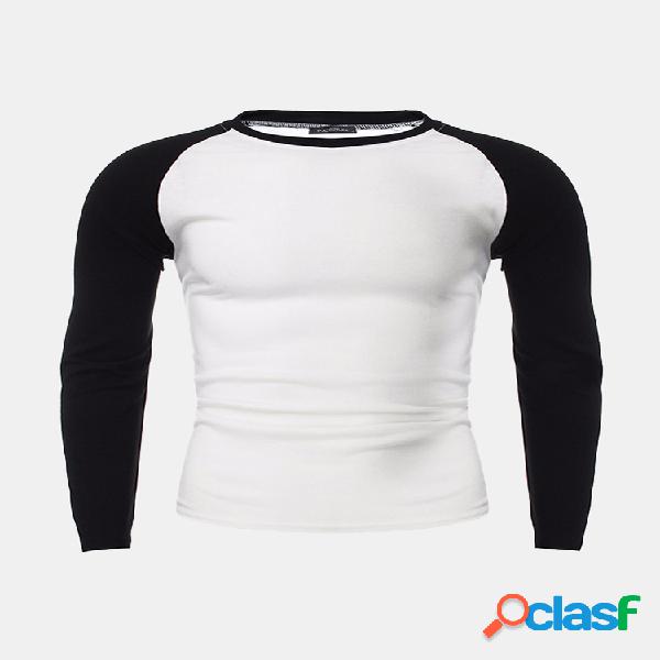 Mens Patchwork Casual Slim Fit Camisas Tripulação Pescoço