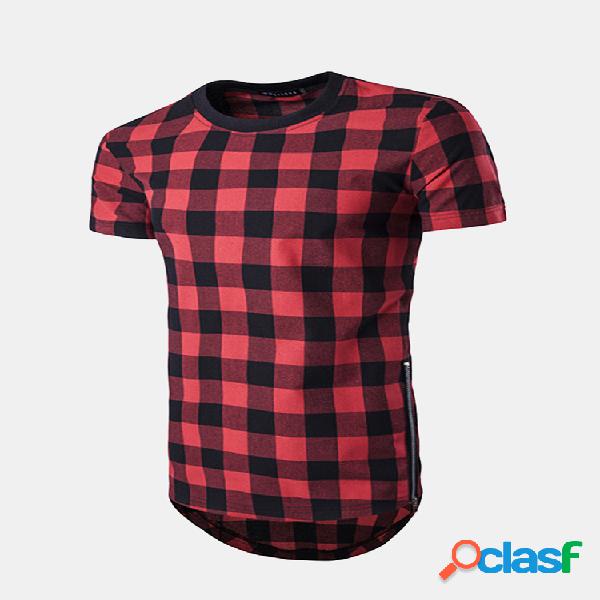 Mens Plaid Padrão em torno do pescoço T-shirt de manga