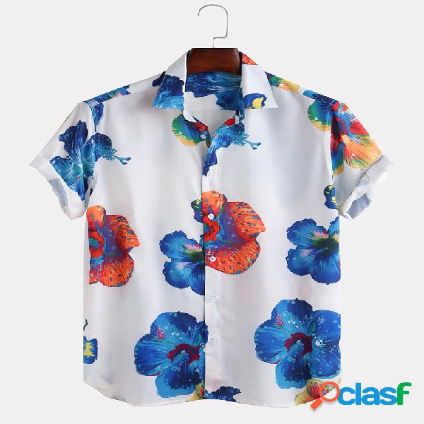 Mens Summer Big Floral Printed Turn Down Collar Camisas de