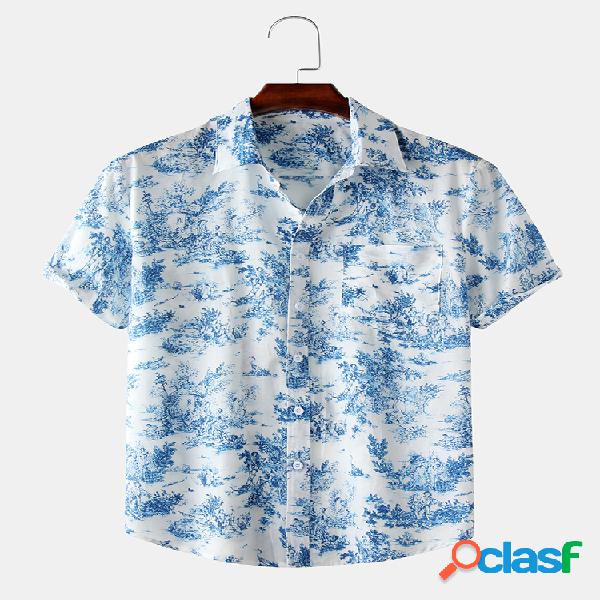 Mens Toile De Jouy Porcelana Floral Impresso Manga Curta