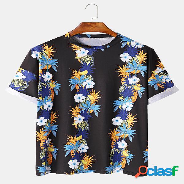 Mens Tropical Planta & Fruit Printed Abacaxi Camisa Manga