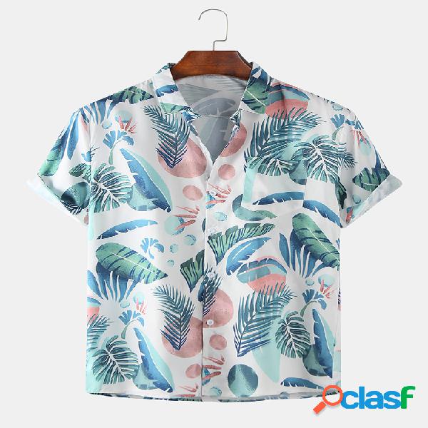 Mens Tropical Plants Cartoon Impresso Praia Camisas de manga