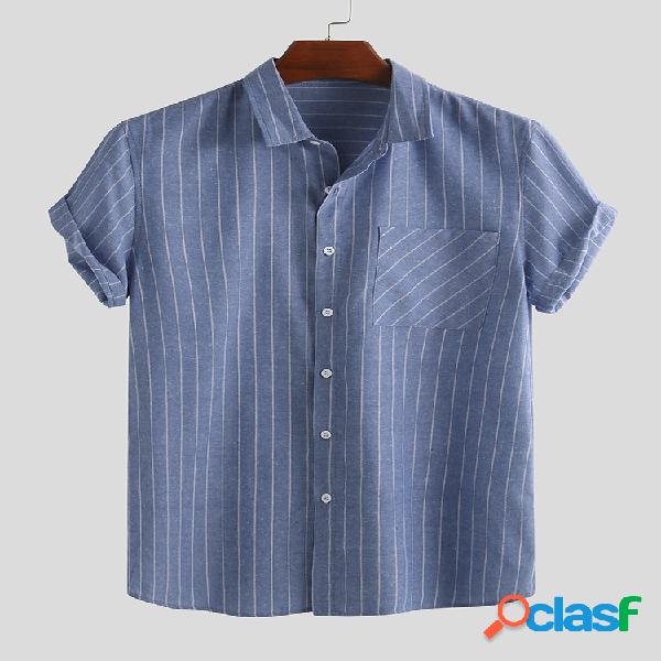 Mens Vintage Stripe Summer Manga curta Single-breasted