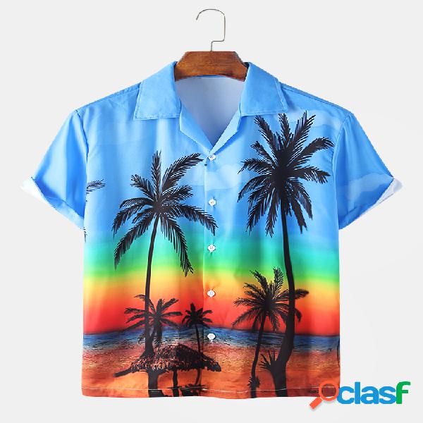 Mens havaiano Colorful Tropical Coco camisas de manga curta