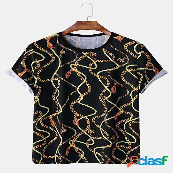 Mens étnico ouro e prata corrente impressa camiseta de