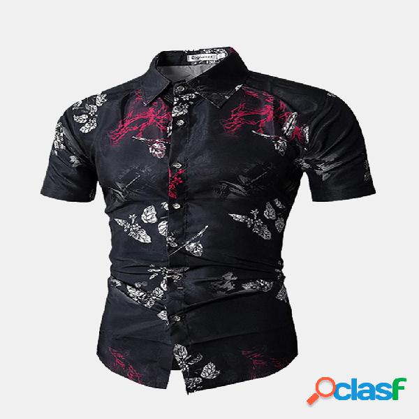 Moda Casual Impressão de manga curta Slim Turn-down Collar