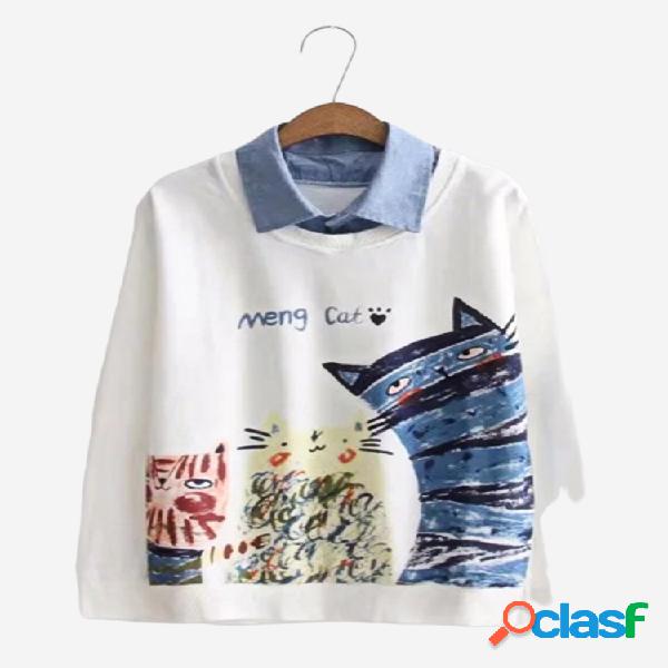 Moletom Casual Feminino Gato Estampado Camada Dupla Falsa