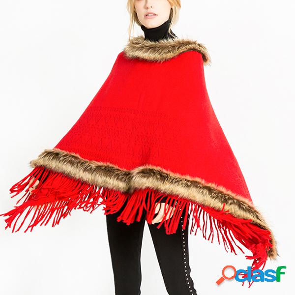 Mulheres Borla Poncho De Pele Artificial Sólida Com Capuz