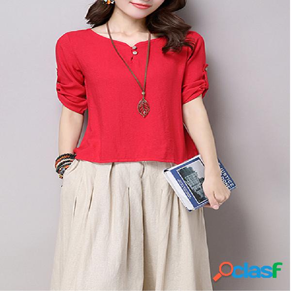 Mulheres Casual 3/4 Sleeve Pure Color Buttons T-shirts