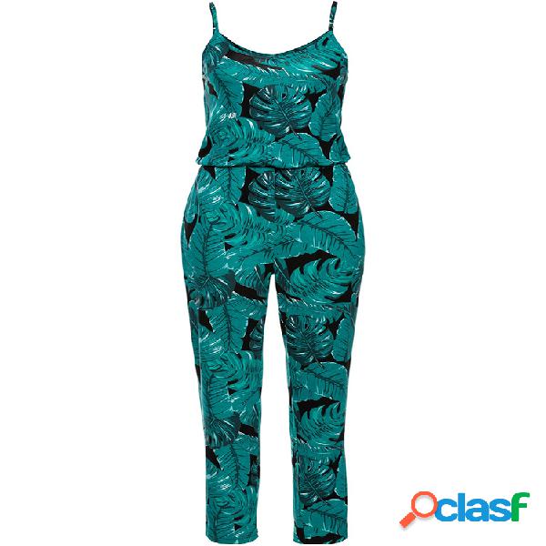 Mulheres Casual Impresso V-Neck Praia Jumpsuits