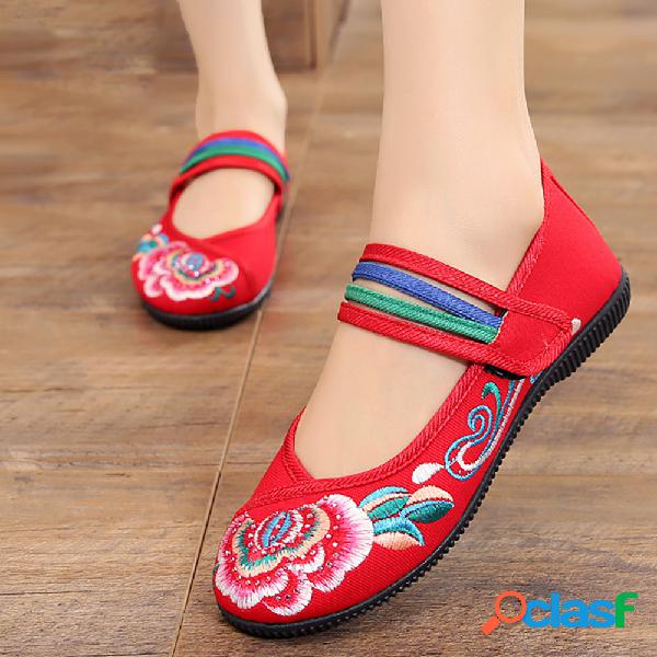 Mulheres Comfy Ballet Flores Bordado Gancho Loop Flats
