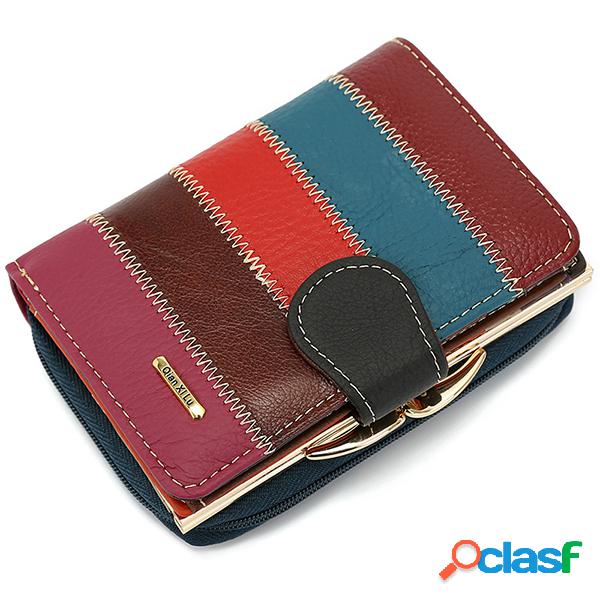 Mulheres Couro Genuíno Patchwork 8 Card Slot Carteira