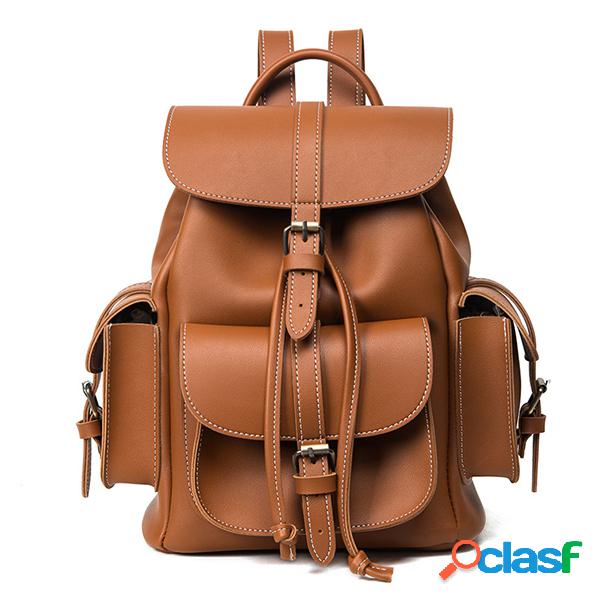 Mulheres PU Leather Draw String Backpack Shoulder Bags
