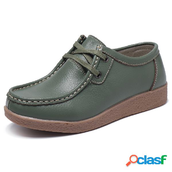Mulheres Soft Leather Solid Cor Lace Up Flat Shoes