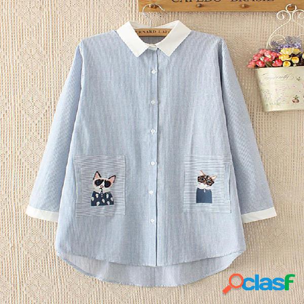 Mulheres bordadas Stripes Casual Lapel Shirt