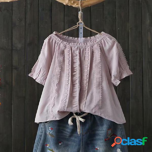 Mulheres cor sólida babados manga rendas camisas bordadas