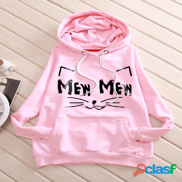 Mulheres gato impresso com capuz manga comprida Hoodies