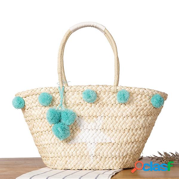 Mulheres tecido palha Praia Handbag Travel Plush Ball Bolsa