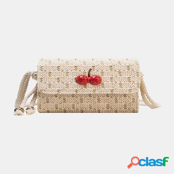 Mulheres verão Praia palha tecido cereja crossbody Bolsa